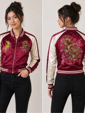 Red Fox Premium Burgundy Satin Sukajan Bomber Jacket Tiger Dragon Embroidered S